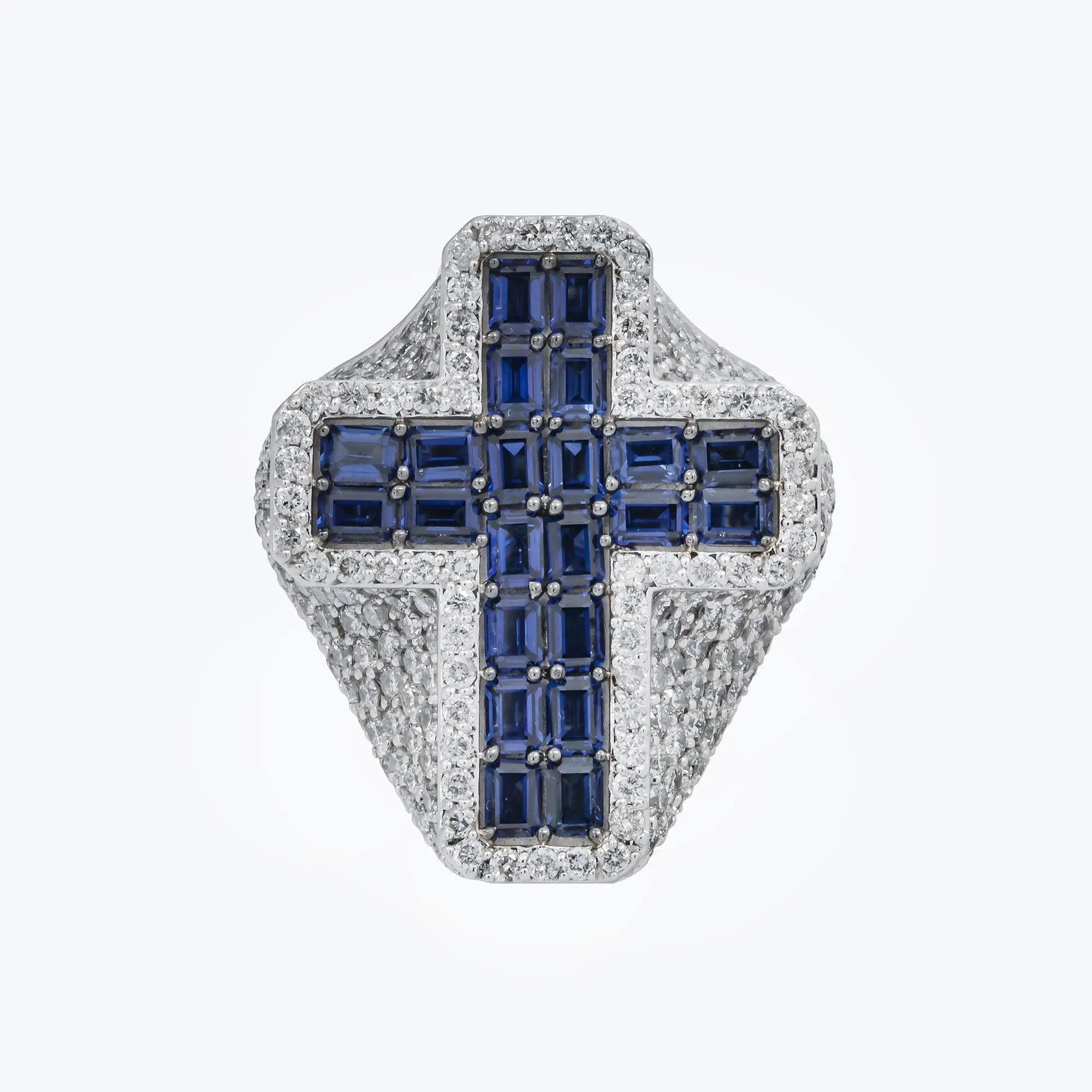 10K GOLD ROUND DIAMOND AND BLUE GEMSTONE CROSS STATEMENT RING 9.22 CTW