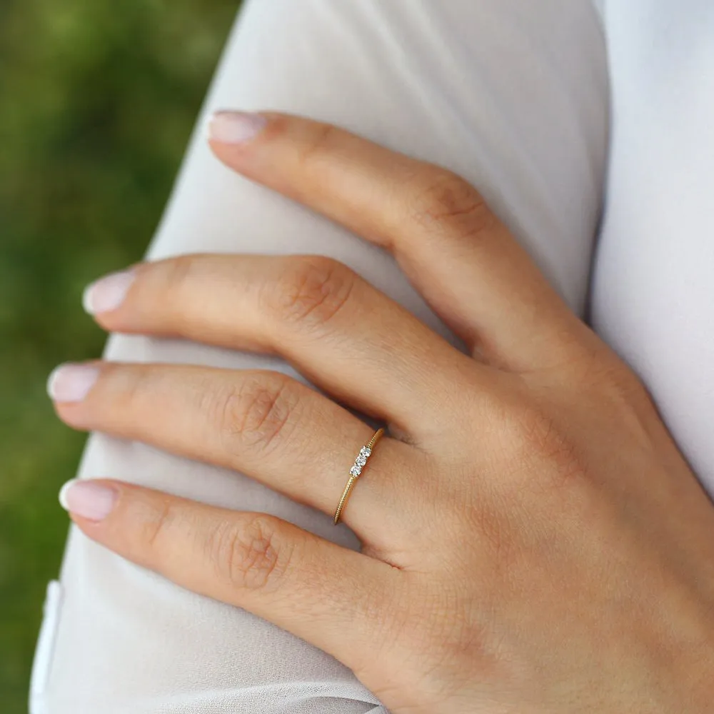 14k 3 Stone Beaded Diamond Ring