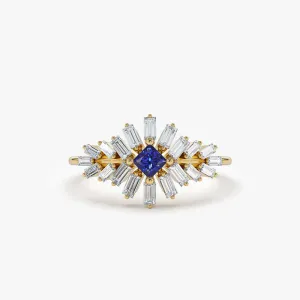 14K Baguette Diamond Ring with Square Sapphire