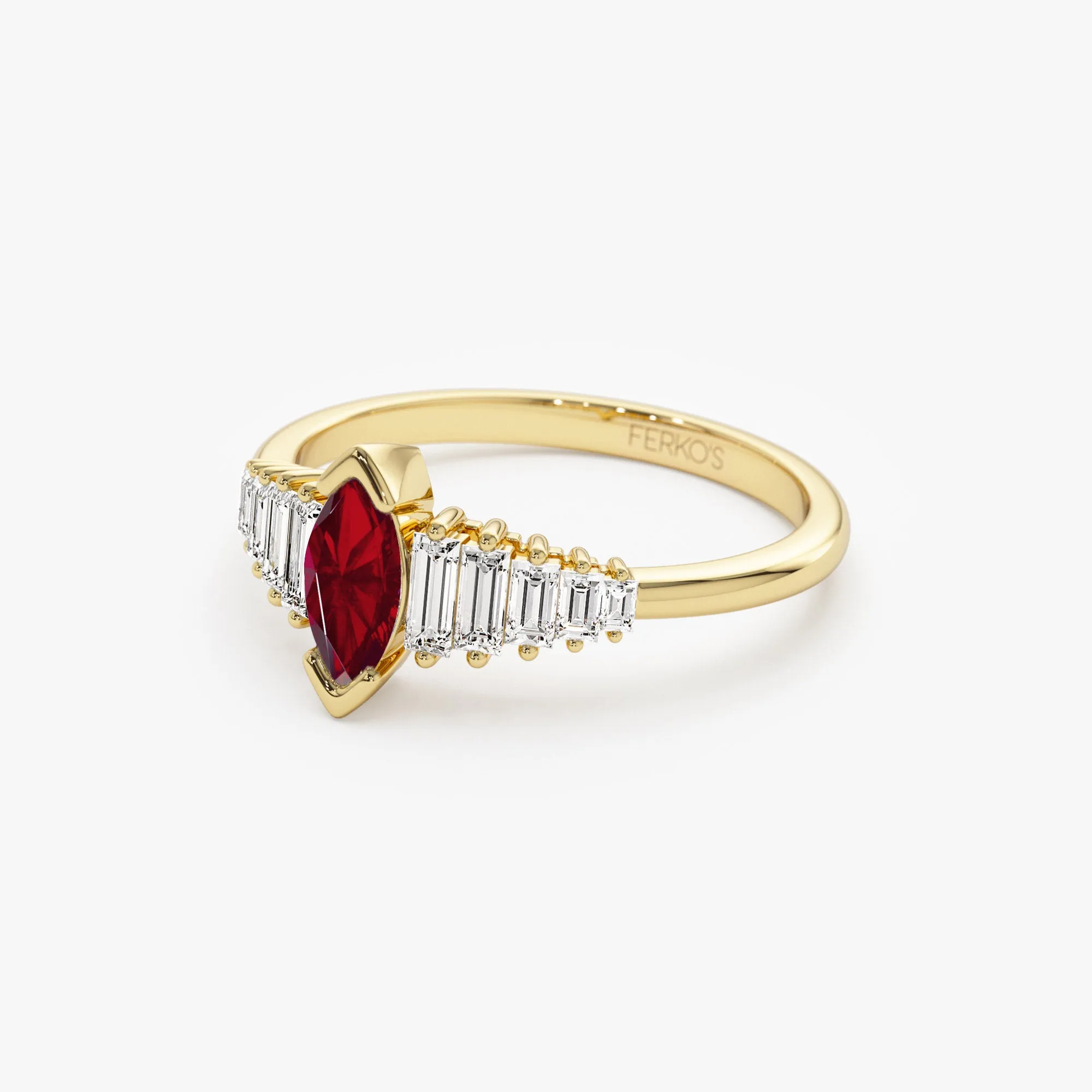 14k Gold Marquise Shape Ruby  Ring with Baguette Accents