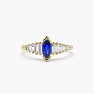 14k Gold Marquise Shape Sapphire  Ring with Baguette Accents