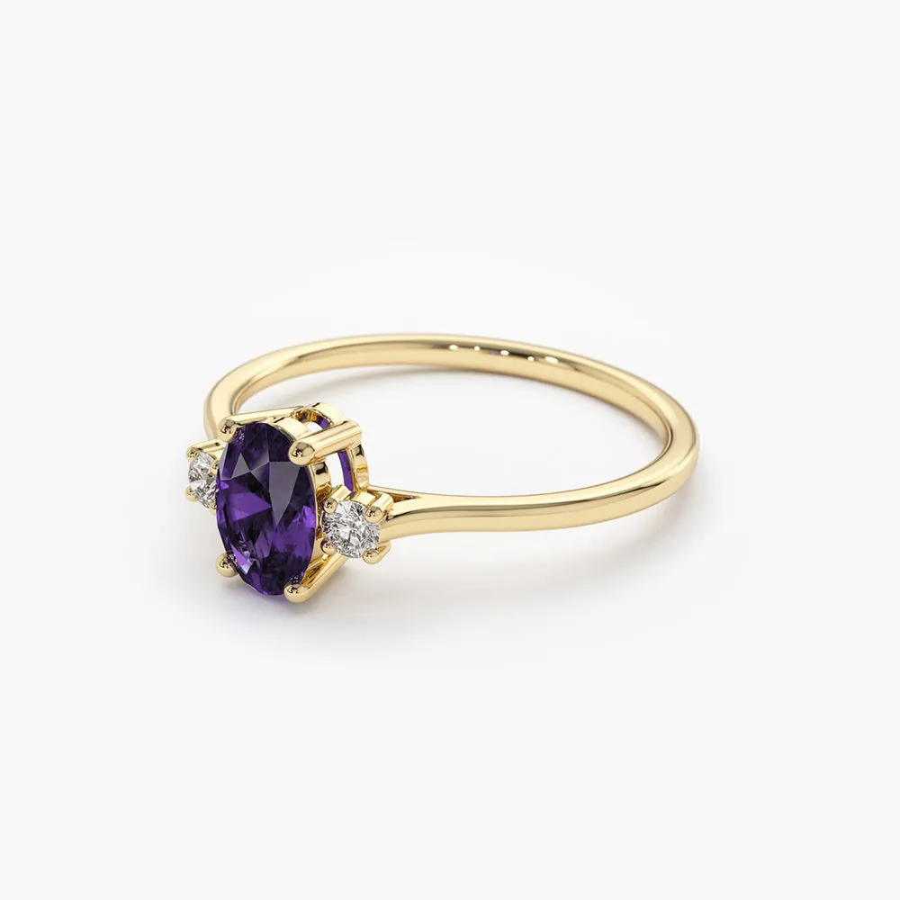 14K Gold Oval Shape Amethyst and Diamond 3 Stone Ring