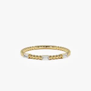 14K Minimalist Beaded Baguette Diamond Ring