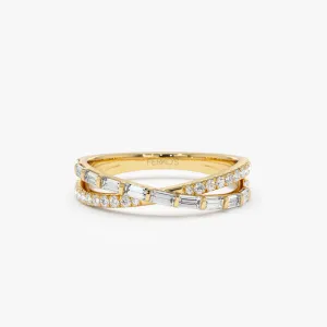 14k Mix Baguette and Round Diamond Crossover Ring