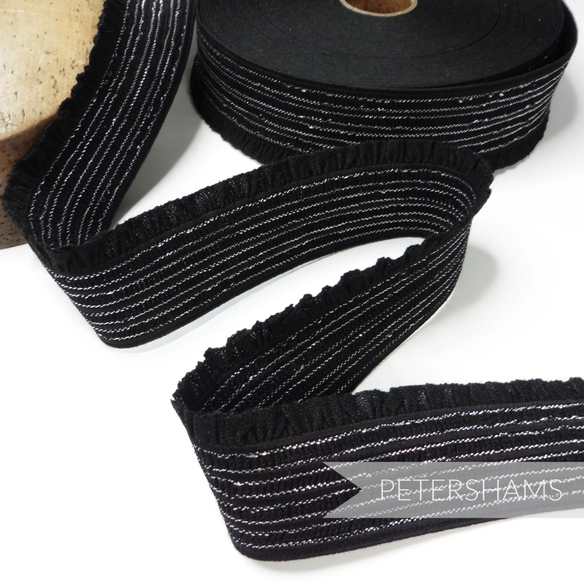 50mm Gathered Edge Elastic with Metallic Silver Stripes - 1m