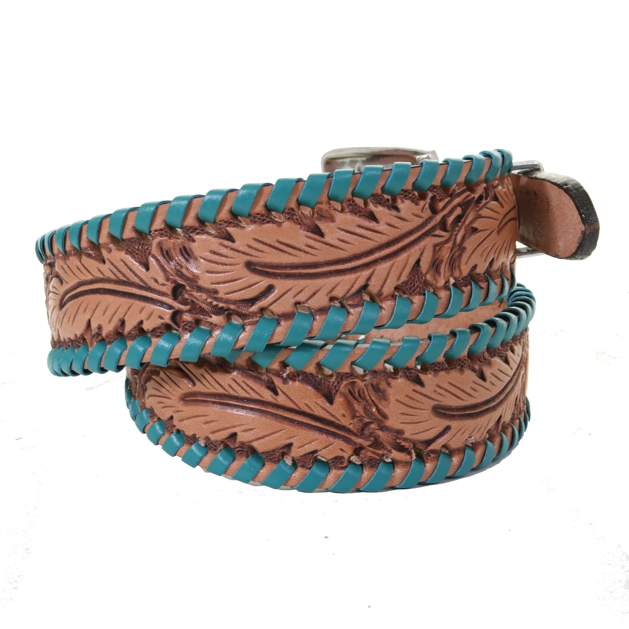 B1153 - Feather Tooled Turq Whip Stitched Belt