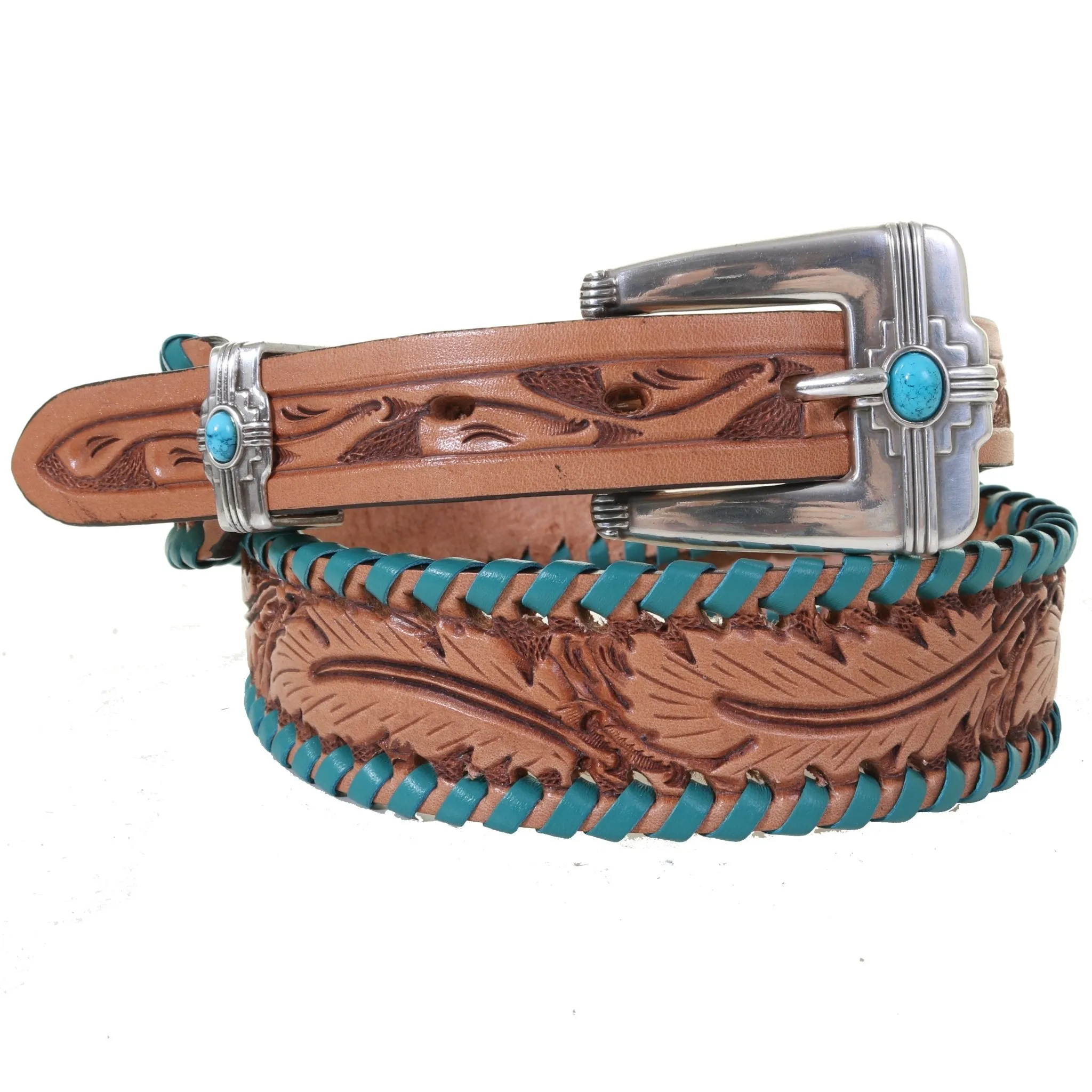 B1153 - Feather Tooled Turq Whip Stitched Belt