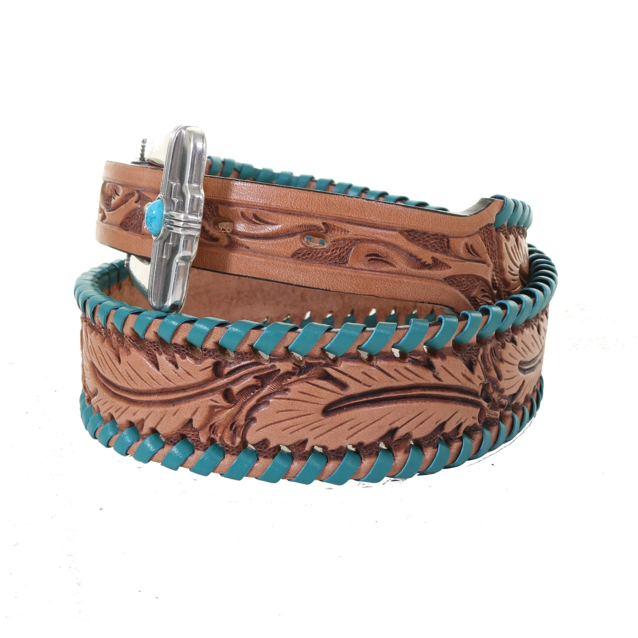 B1153 - Feather Tooled Turq Whip Stitched Belt