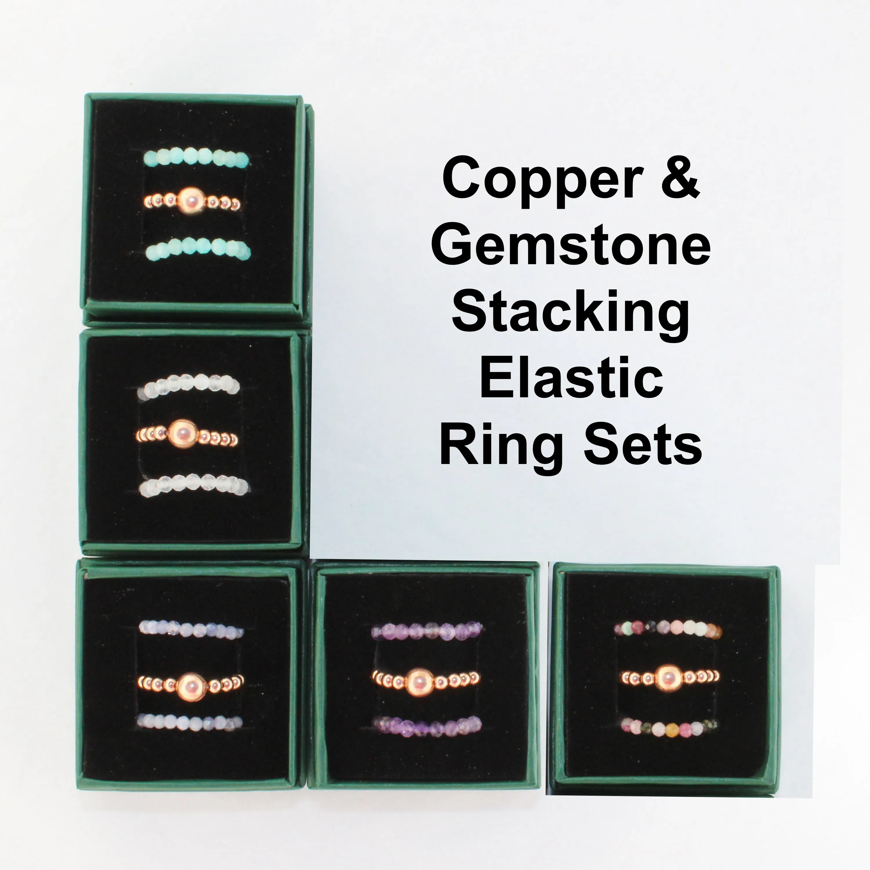 Beaded Copper Ring Set Pure Healing Copper Violet Blue Tanzanite 3 Piece Beaded Elastic Ring Set