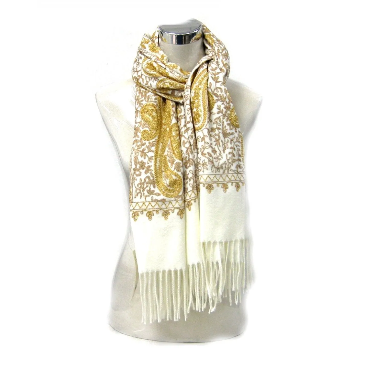 Cashmere Gold Embroidery Paisley Pattern Scarf - Off White