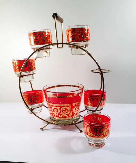 Culver - Mid-Century 22-Karat Gold & Red Paisley Ferris Wheel Drink Set (6 glasses, Ice Container, Carrier)