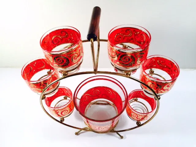 Culver - Mid-Century 22-Karat Gold & Red Paisley Ferris Wheel Drink Set (6 glasses, Ice Container, Carrier)