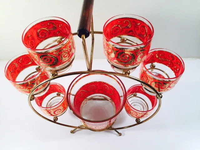 Culver - Mid-Century 22-Karat Gold & Red Paisley Ferris Wheel Drink Set (6 glasses, Ice Container, Carrier)