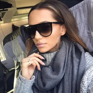 Fashion Retro Flat Top Pilot Luxury Designer Oversized Black Sunglasses