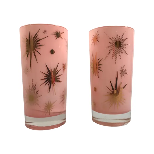 Federal Glass Mid-Century Pink Atomic & 22-Karat Gold Star Glasses (Set of 2)