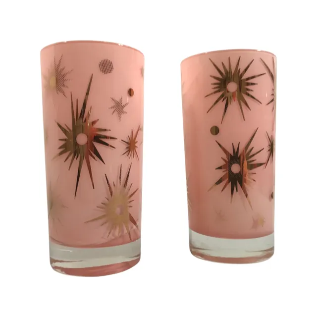 Federal Glass Mid-Century Pink Atomic & 22-Karat Gold Star Glasses (Set of 2)