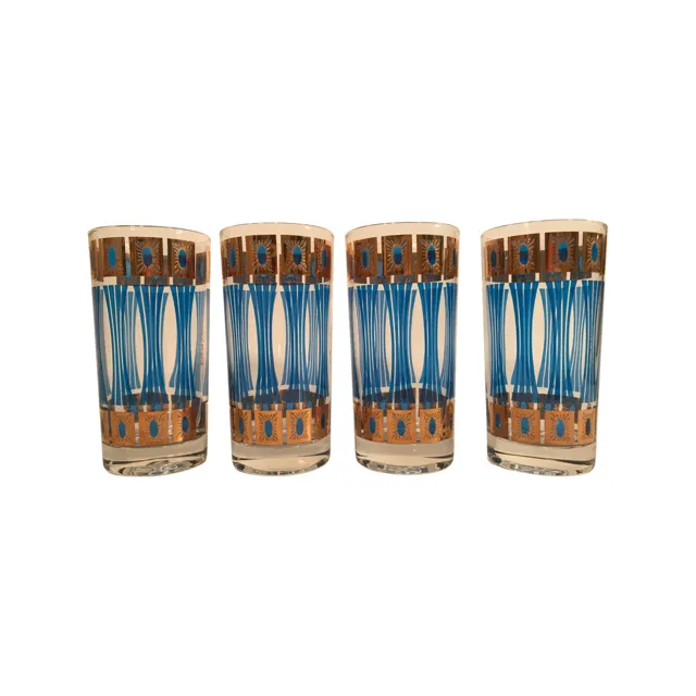 Fred Press Signed Jewel Mid-Century Gold and Blue Atomic Highball Glasses (Set of 4)