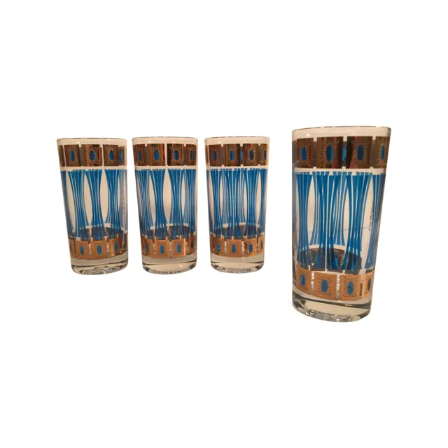 Fred Press Signed Jewel Mid-Century Gold and Blue Atomic Highball Glasses (Set of 4)