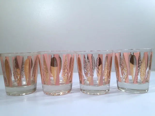 Fred Press Signed Mid-Century Pink and Clear 22-Karat Gold Leaves Whiskey Glasses (Set of 4)