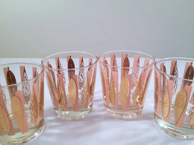 Fred Press Signed Mid-Century Pink and Clear 22-Karat Gold Leaves Whiskey Glasses (Set of 4)