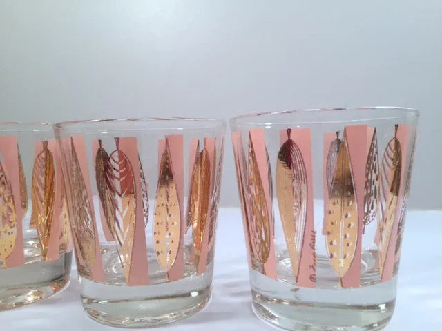 Fred Press Signed Mid-Century Pink and Clear 22-Karat Gold Leaves Whiskey Glasses (Set of 4)