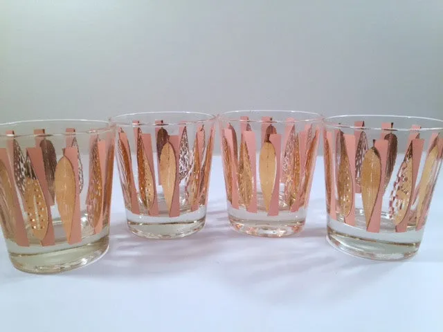 Fred Press Signed Mid-Century Pink and Clear 22-Karat Gold Leaves Whiskey Glasses (Set of 4)