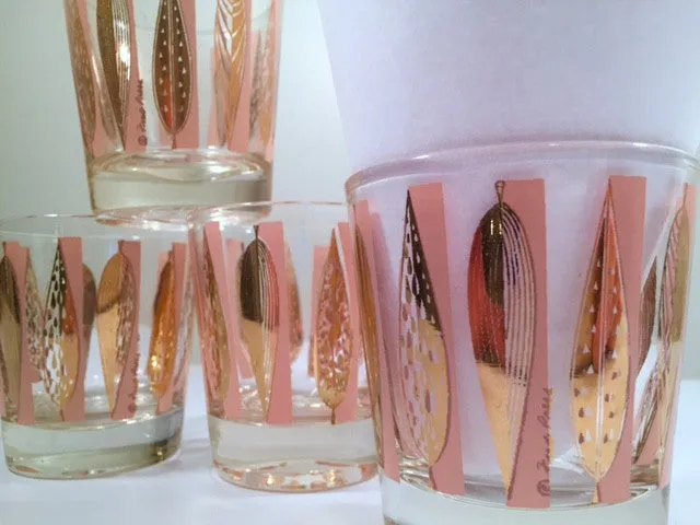 Fred Press Signed Mid-Century Pink and Clear 22-Karat Gold Leaves Whiskey Glasses (Set of 4)