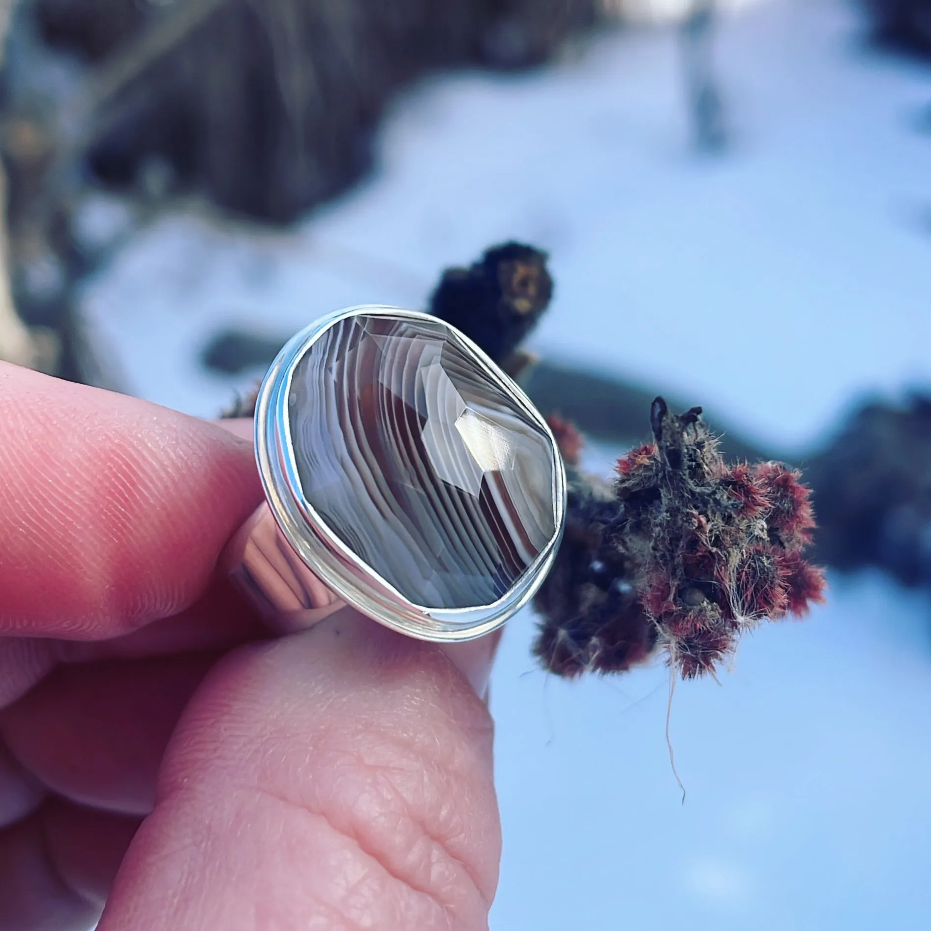 Geometric Cut Botswana Agate and Sterling Silver Ring