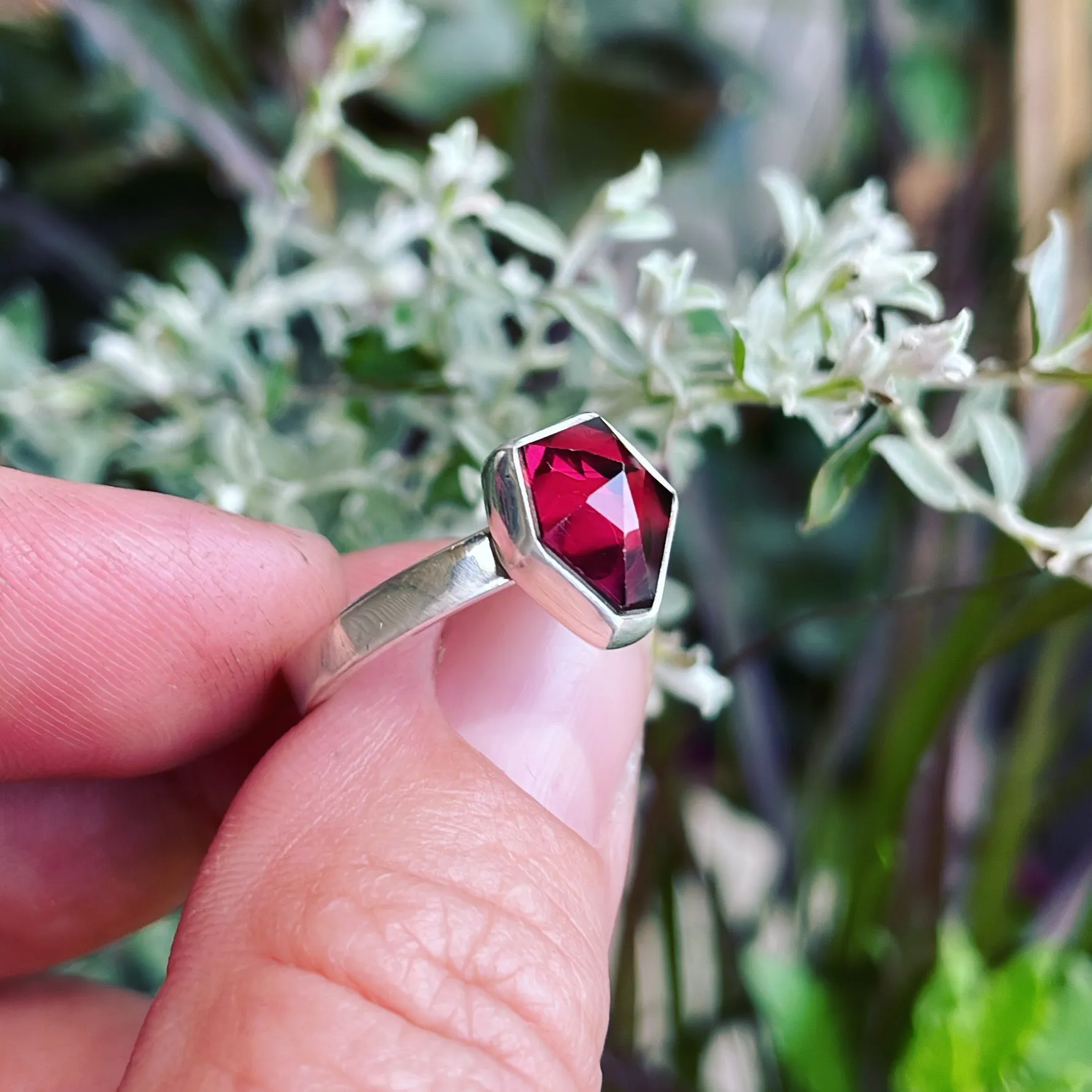 Geometric Garnet and Sterling Silver Ring