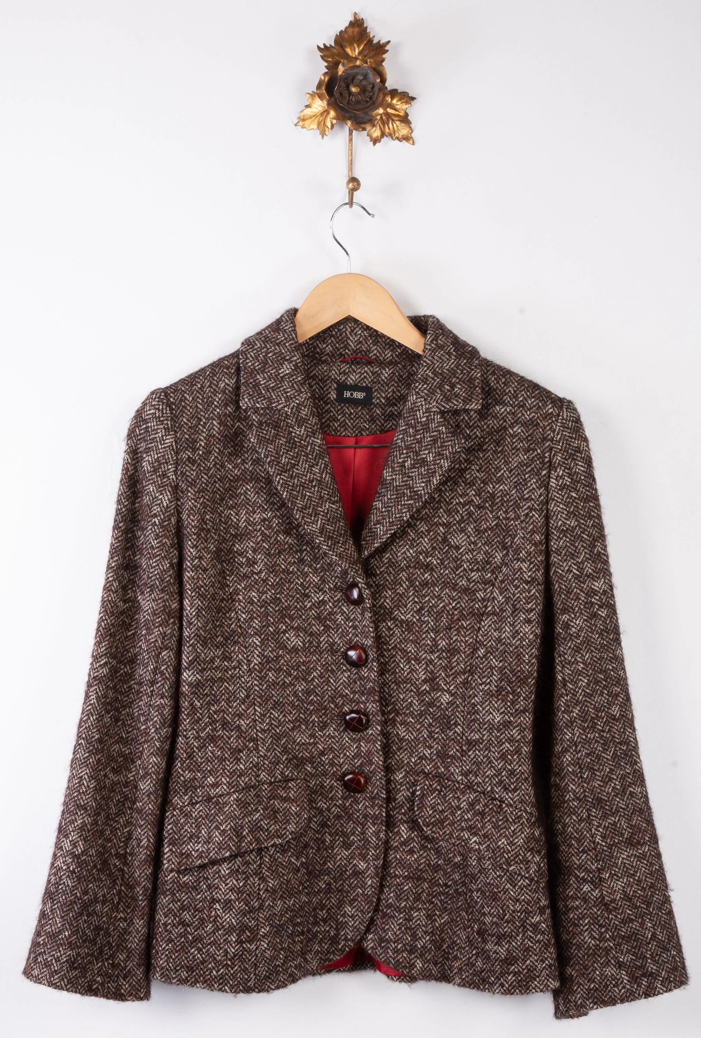 Hobbs Single Breasted Jacket Brown Herringbone Wool Mix UK size 8