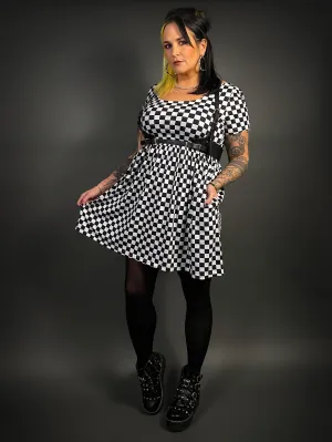 Stylish Checkered Skater Dress with Classic Black Shoulder Harness Belt