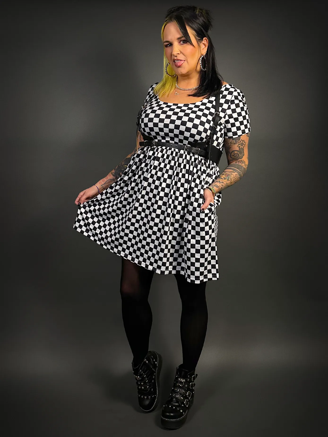 Stylish Checkered Skater Dress with Classic Black Shoulder Harness Belt