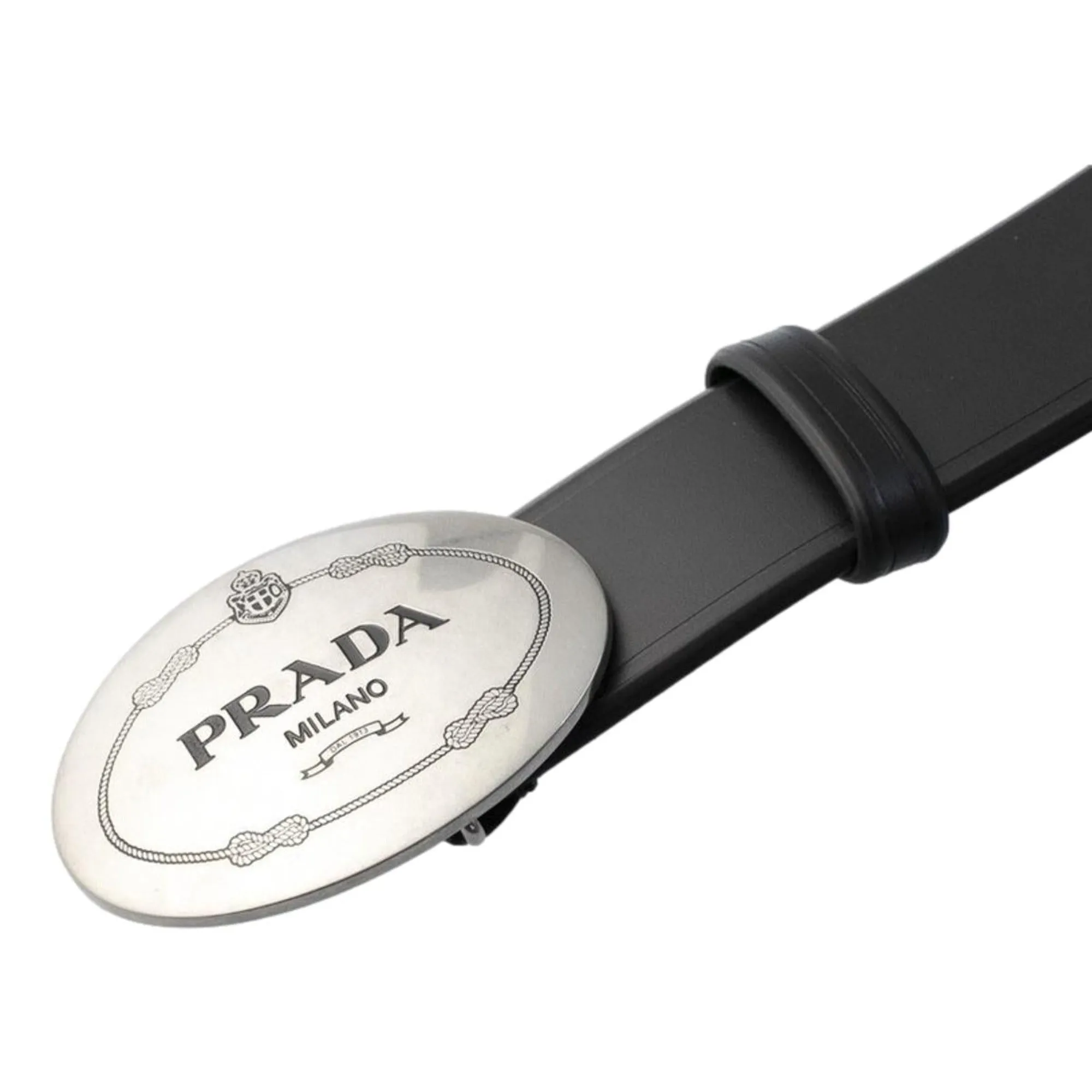 Prada Mens Navy Blue Saffiano Leather Belt Brushed Silver Buckle 110/44