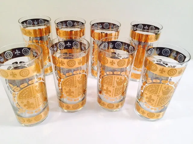 Vito Bari - Signed 22 Karat Gold 1960's Gold Crest Glasses (Set of 8)