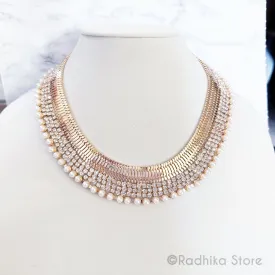 Wide Golden Pearl and Rhinestone Necklace