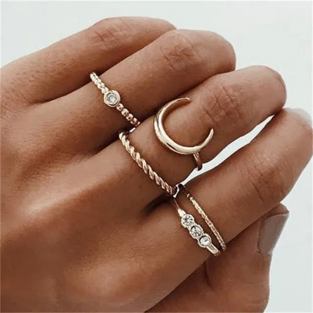 WUKALO New Vintage Gold Crystal Rings 2021 Bohemian Moon Star Ring For Women Midi Finger Ring Set Wedding Fashion Jewelry Gifts