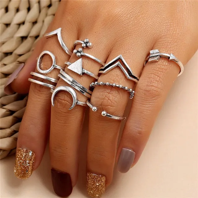 WUKALO New Vintage Gold Crystal Rings 2021 Bohemian Moon Star Ring For Women Midi Finger Ring Set Wedding Fashion Jewelry Gifts