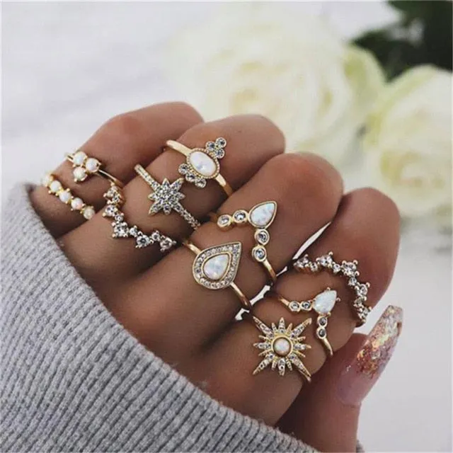 WUKALO New Vintage Gold Crystal Rings 2021 Bohemian Moon Star Ring For Women Midi Finger Ring Set Wedding Fashion Jewelry Gifts