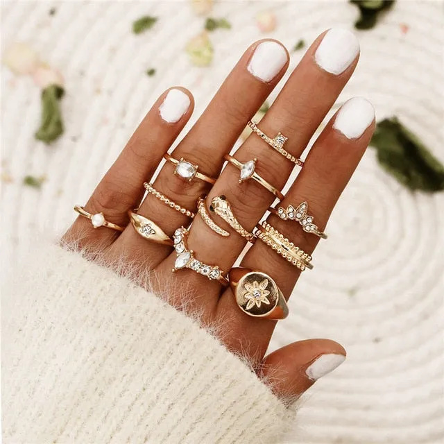 WUKALO New Vintage Gold Crystal Rings 2021 Bohemian Moon Star Ring For Women Midi Finger Ring Set Wedding Fashion Jewelry Gifts