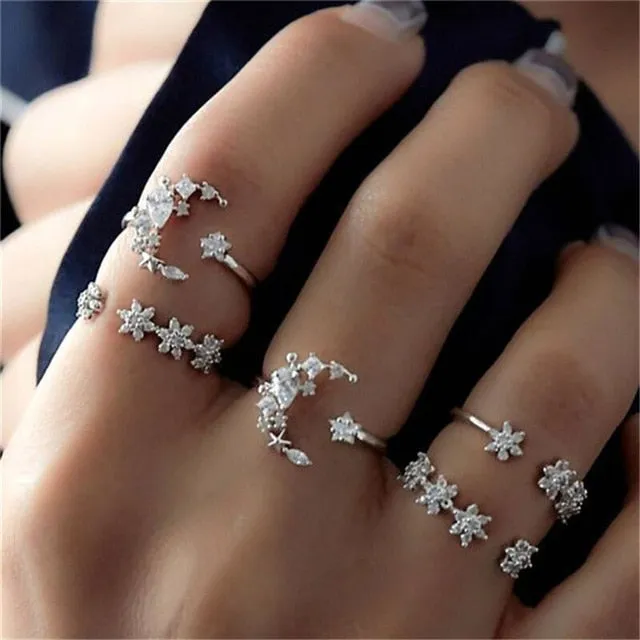 WUKALO New Vintage Gold Crystal Rings 2021 Bohemian Moon Star Ring For Women Midi Finger Ring Set Wedding Fashion Jewelry Gifts