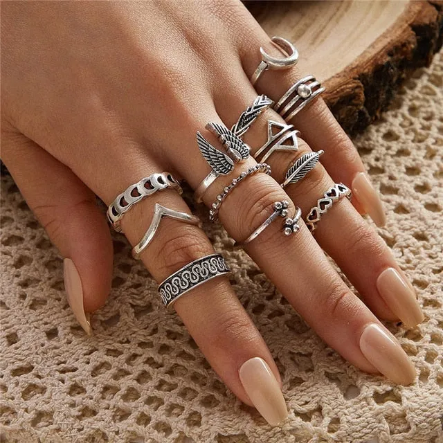 WUKALO New Vintage Gold Crystal Rings 2021 Bohemian Moon Star Ring For Women Midi Finger Ring Set Wedding Fashion Jewelry Gifts