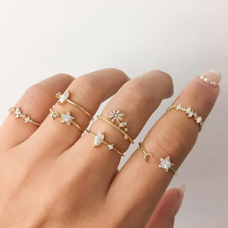 WUKALO New Vintage Gold Crystal Rings 2021 Bohemian Moon Star Ring For Women Midi Finger Ring Set Wedding Fashion Jewelry Gifts