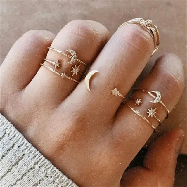 WUKALO New Vintage Gold Crystal Rings 2021 Bohemian Moon Star Ring For Women Midi Finger Ring Set Wedding Fashion Jewelry Gifts