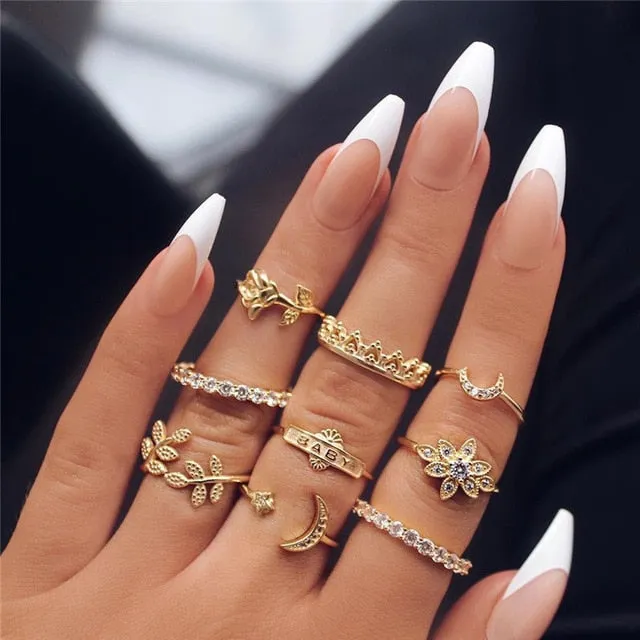 WUKALO New Vintage Gold Crystal Rings 2021 Bohemian Moon Star Ring For Women Midi Finger Ring Set Wedding Fashion Jewelry Gifts